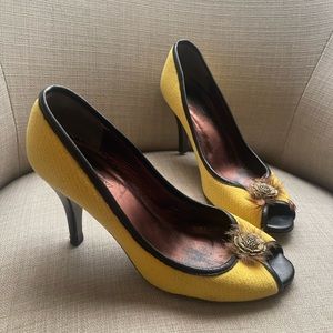 J crew yellow heels with peep toe and feathered broach